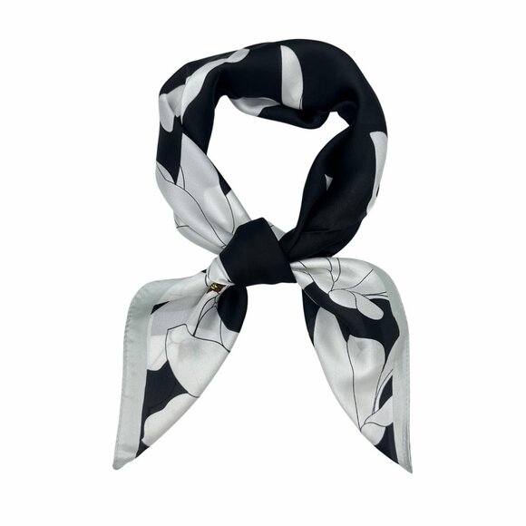 Luxurious Chic Silky Square Scarf Soft Black White Magnolia Floral Print Bandana - Picture 2 of 5